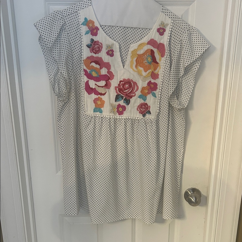 Savanna Jane White/Black Polka Dot Top with Floral Embroidery